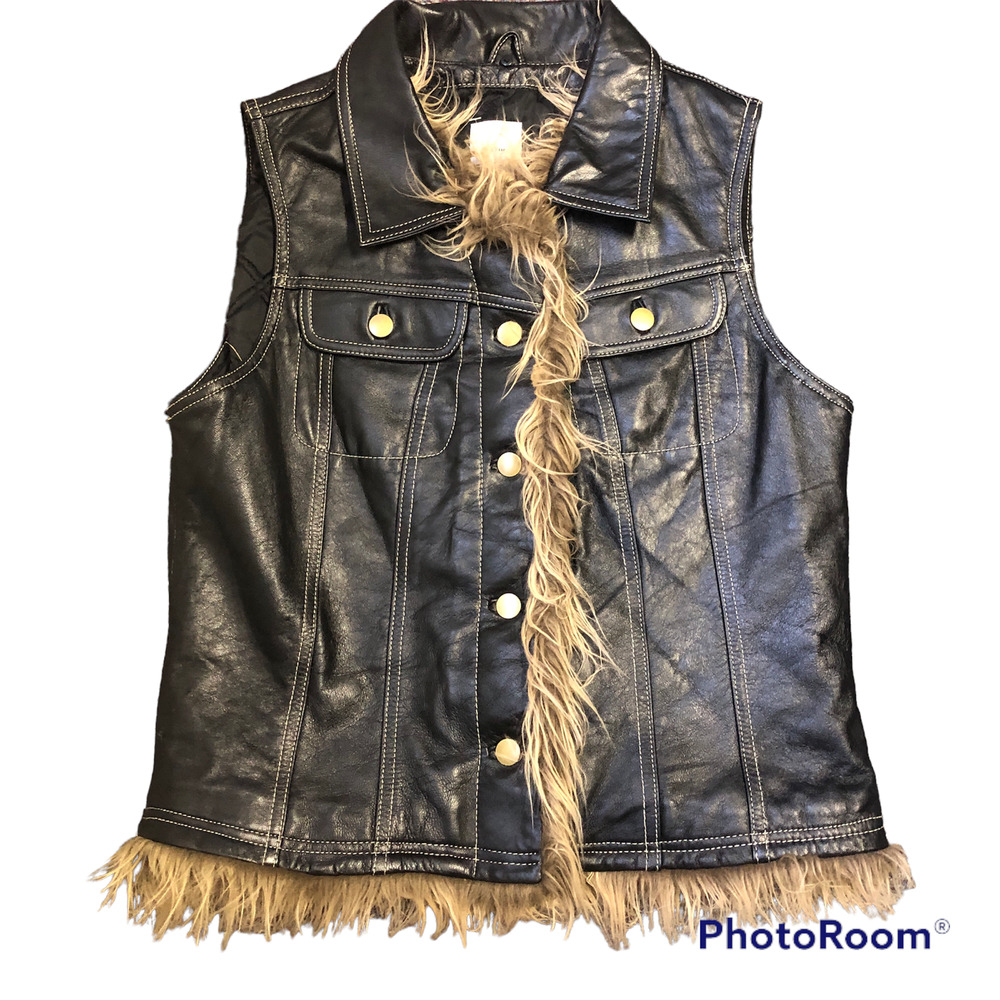 Wilsons Leather Maxima Brown Vest Leather Womens L Faux Fur Trim Snap Front